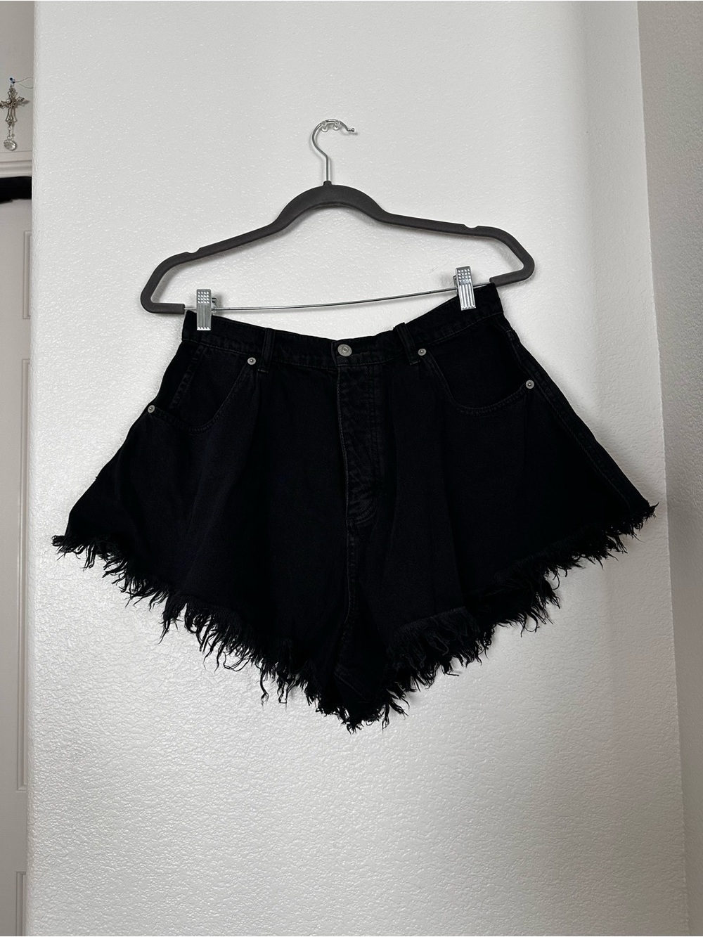 Free People Black Frayed Hem Denim Shorts